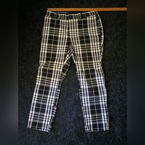 H&M Pants 33R 12 Black White Plaid Cotton Stretch Ankle Straight Leg